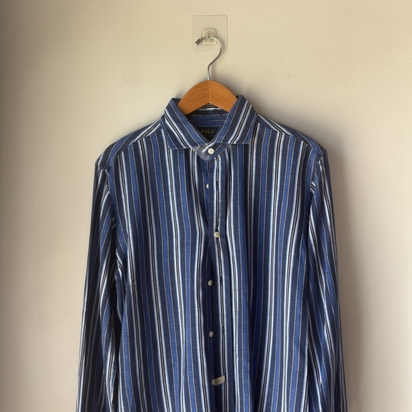 Polo Ralph Lauren 100% Linen Men's Blue Striped Button Up Current Shirt Sz M - Picture 2 of 8